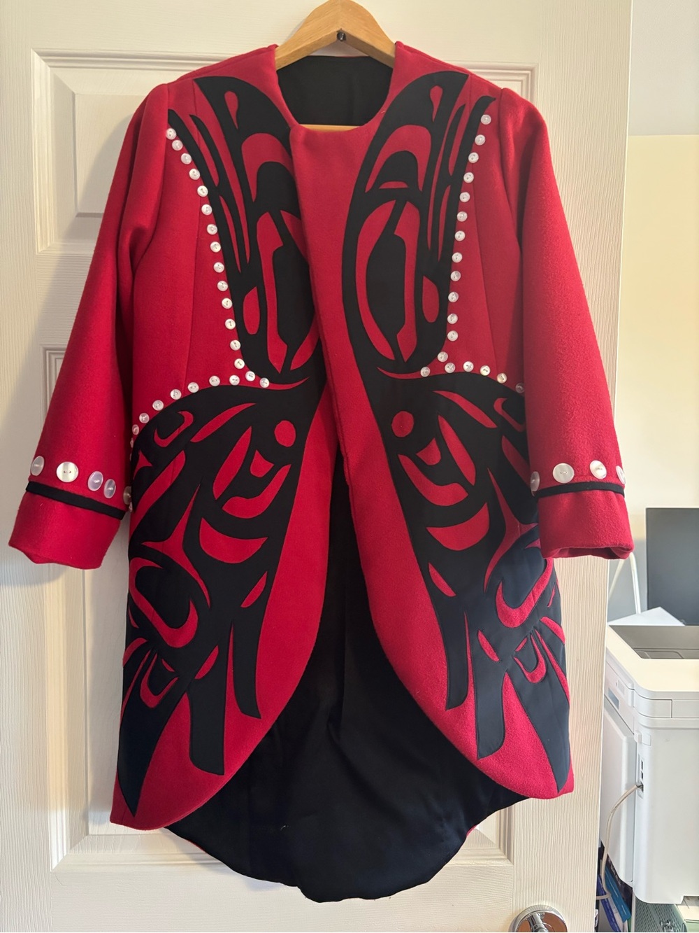 Gorgeous Handmade First Nation Wool Coat, Red with Black Appliqué, Size Small